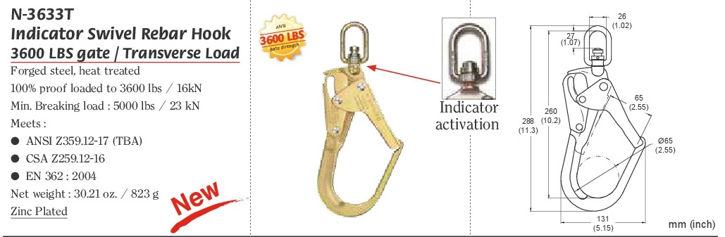 YOKE INDICATOR REBAR SWIVEL HOOK 3600 LBS GATE STRENGTH